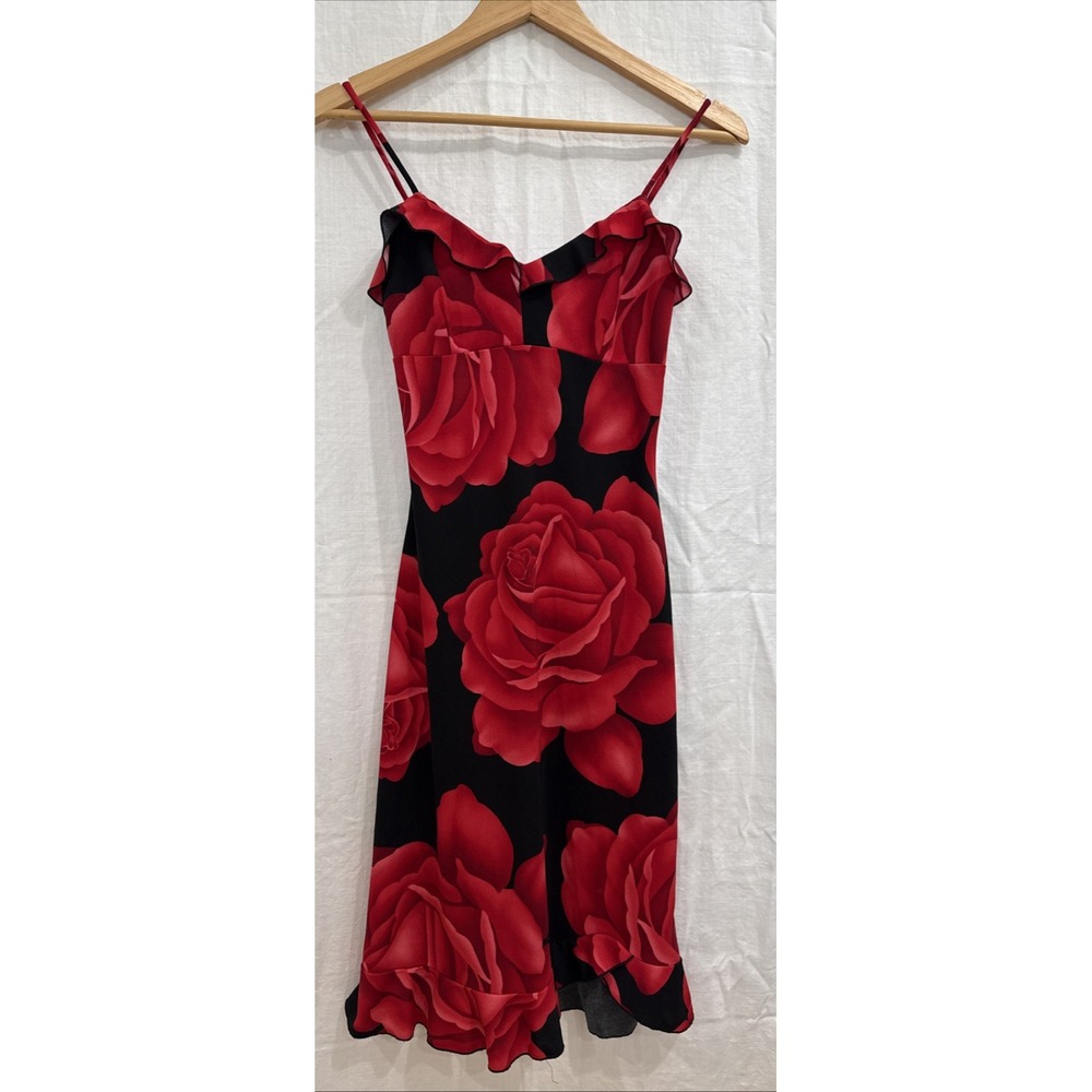 Vtg '90s Red Floral Dress Med Whimsigoth Dark Romantic Roses Vamp Flutter -Spot-